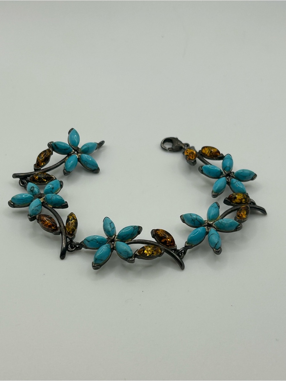 Vintage sterling silver turquoise amber flower bracelet